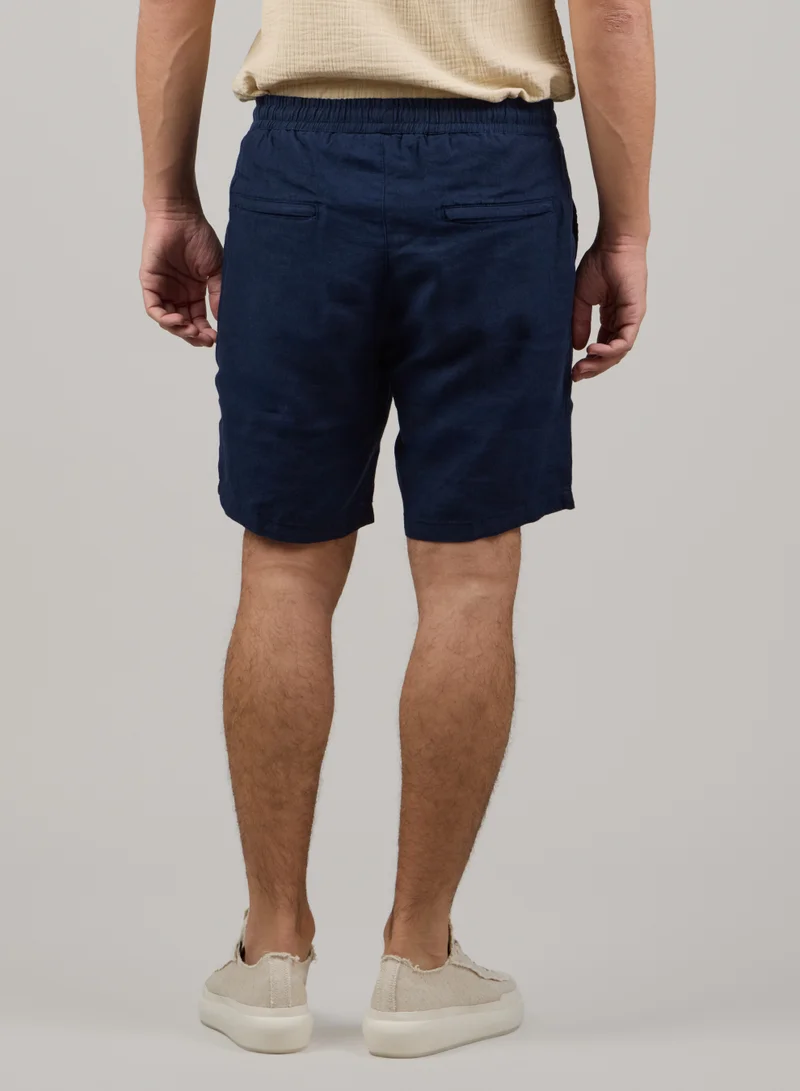 Just Nature Navy Blue 100% Linen Elasticated Waist Shorts for Men | Best Price UAE